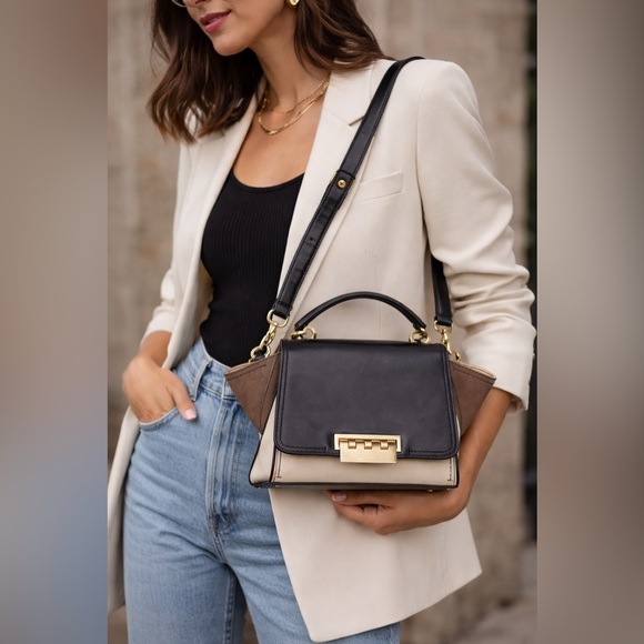 ZAC Zac Posen Handbags - ZAC Zac Posen Eartha Top Handle Leather & Suede Satchel Cream Black Tan